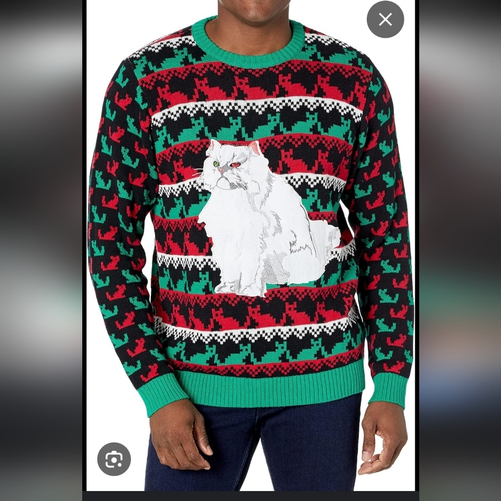 NWT Mens Festive Cat Pattern Sweater - Red, Green, Black Size S
